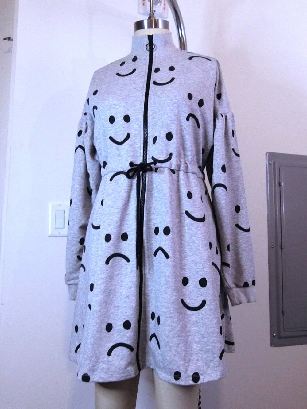 Lazy Oaf Happy Sad Face Grey Zip Up Sweatshirt Dress Size S